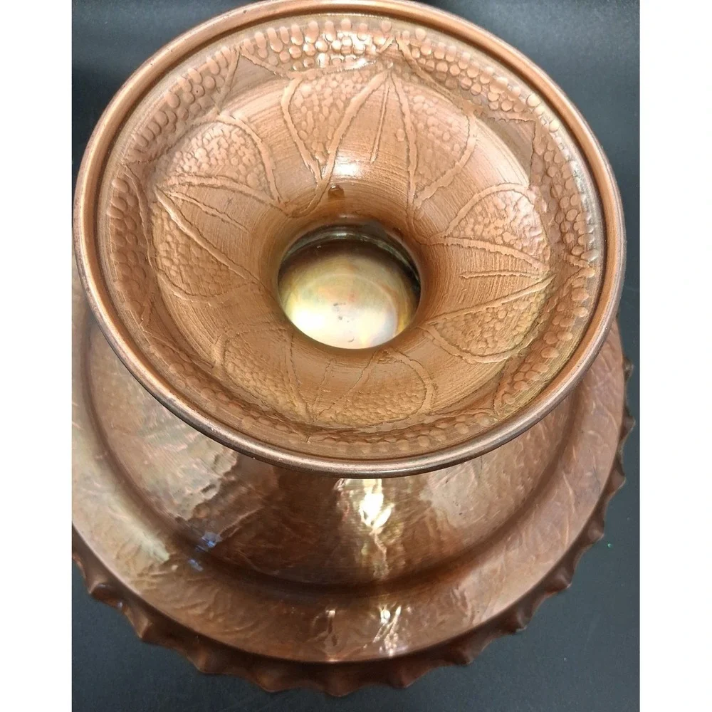 Vintage Embossed Copper Pedestal Compote Bowl w/Scalloped Edge